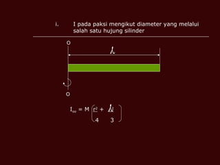 I pada paksi mengikut diameter yang melalui salah satu hujung silinder O O  I oo  = M  r 2  +  2 4  3  