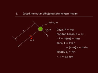 Jasad memutar dihujung satu lengan ringan O  ,   P r v, a Jisim, m Daya, P = ma Pecutan linear, a = r  P = m(r  ) = mr  Tork, T = P x r = (mr  ) r = mr 2  Tetapi, I o  = Mr 2    T = I o   Nm 