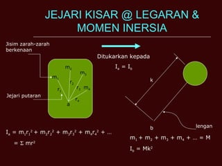JEJARI KISAR @ LEGARAN & MOMEN INERSIA m 1 m 2 m 3 m 4 r 4 r 3 r 2 r 1 a b k lengan Ditukarkan kepada I a  = I b I a  = m 1 r 1 2  + m 2 r 2 2  + m 3 r 3 2  + m 4 r 4 2  + … =    mr 2 m 1  + m 2  + m 3  + m 4  + … = M I b  = Mk 2 Jisim zarah-zarah berkenaan Jejari putaran 
