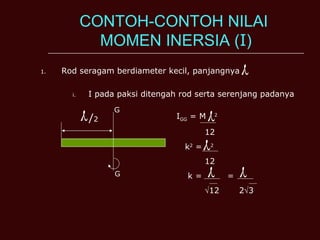 CONTOH-CONTOH NILAI  MOMEN INERSIA ( I ) Rod seragam berdiameter kecil, panjangnya  I pada paksi ditengah rod serta serenjang padanya   / 2 G G I GG  = M  2 12 k 2  =  2 12 k =  =   12  2  3     