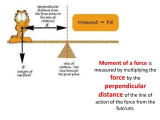 Moment of a force is measured by multiplying the forceby the perpendicular distance of the line of action of the force from the fulcrum.