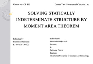 Course No: CE 416

Course Title :Pre-stressed Concrete Lab

SOLVING STATICALLY

INDETERMINATE STRUCTURE BY
MOMENT AREA THEOREM
Submitted by

Submitted to

Name-Nabiha Nusrat

Munsi Galib Muktadir

ID no# 10.01.03.022

Lecturer,
&
Sabreena Nasrin
Lecturer,
Ahsanullah University of Science And Technology

 
