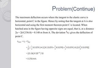 Problem(Continue)
The maximum deflection occurs where the tangent to the elastic curve is
horizontal, point C in the figure. Hence by noting that the tangent at A is also
horizontal and using the first moment theorem point C is located. When
hatched area in the figure having opposite signs are equal, that is, at a distance
2a = 2(4.2/56.8) = 0.148 m from A. The deviation
gives the deflection of
point C.

 