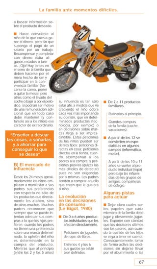 La familia ante momentos difíciles.

   a buscar información so-
   bre el producto deseado.

   s Hacer consciente al
   niño de lo que cuesta ga-
   nar el dinero, pero sin que
   suponga el pago de un
   salario por un trabajo.
   Recompensar y completar
   con dinero extra al-
   gunos recados o tare-
   as. ¡Ojo! Hay tareas en
   el seno de la familia que
   deben hacerse por el
   mero hecho de ser y
   participar en la con-
   vivencia familiar (ha-
   cerse la cama, poner
   o quitar la mesa), pero
   otros como el lavado del
   coche o bajar a por el perió-   su influencia es tan sólo       s De 7 a 11 productos
   dico, sí podrían ser motivo     estar ahí, a medida que va        familiares.
   de una remuneración adi-        creciendo el niño cobra
   cional que en todo caso         cada vez más importancia           Rutinarios al principio.
   debe mantener (y con-           su opinión, que en deter-
   társelo así a los niños) ese    minados productos (tec-            Grandes compras
   carácter de extraordinario.     nología, por ejemplo) o            de la familia (coche,
                                   en decisiones sobre mar-           vacaciones).
                                   cas llega a ser impres-
  “Enseñar a desear                cindible. Estas peticiones      s A partir de los 12 se
las cosas, a soñarlas,             de los niños pueden ser           convierten en espe-
   y a ahorrar para                de tres tipos: peticiones di-     cialistas en algunos
   conseguir lo que                rectas en casa; peticiones        campos (informática,
      se desea”                    directas en la tienda, cuan-      motor).
                                   do acompañan a los
                                   padres a la compra; y peti-        A partir de los 10 u 11
   B) El mercado de                ciones pasivas (quizás las         años se vuelve al pro-
   influencia                      más difíciles de detectar)         ducto individual (ropa)
                                   pues no son exigencias             pero bajo las inﬂuen-
   Desde los 24 meses aproxi-      por sí mismas. Los padres          cias de los grupos de
   madamente los niños em-         tienden a comprar aquello          amigos, compañeros
   piezan a manifestar a sus       que creen que le gustará           de colegio.
   padres sus preferencias         al niño.
   con respecto no sólo de                                         Algunas pistas
   los productos que directa-      La evolución                    para actuar
   mente les atañen, sino          en las decisiones
   de otros muchos. Muchos         de consumo                      s Dejar claro cuales son
   padres reconocen que            (Le Bigot, 1980)                los papeles que cada
   siempre que se puede in-                                        miembro de la familia debe
   tentan adecuar sus com-         s De 0 a 6 años produc-         jugar y, obviamente, jugar-
   pras a lo que los hijos pre-      tos individuales que les      los. Exponer con claridad
   fieren: cuando los padres         afectan directamente.         que los decisores últimos
   no tienen una preferencia                                       son los padres, aún cuan-
   sobre una marca determi-           Peticiones de juguetes,      do la opinión de los hijos
   nada, la opinión del niño          de ropa, de libros.          se vaya a tener en cuenta.
   es determinante en la                                           Consecuentemente, tomar
   compra del producto.               Entre los 4 y los 6          de forma activa las deci-
   Mientras que al principio          sus gustos ya están          siones sin dejarse llevar
   (entre los 2 y los 5 años)         bien deﬁnidos.               por el aburrimiento o las

                                                                                              67
 