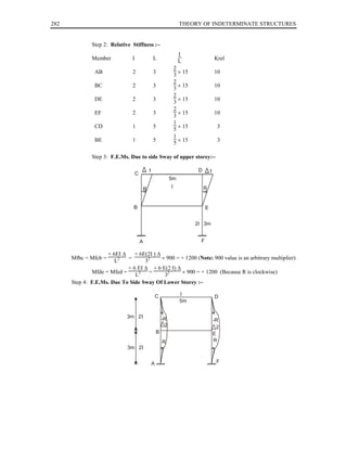 282                                                            THEORY OF INDETERMINATE STRUCTURES


              Step 2: Relative Stiffness :−
                                                              I
              Member            I               L                                  Krel
                                                              L
                                                             2
               AB               2               3              × 15                10
                                                             3
                                                             2
               BC               2               3              × 15                10
                                                             3
                                                             2
               DE               2               3              × 15                10
                                                             3
                                                             2
               EF               2               3              × 15                10
                                                             3
                                                             1
               CD               1               5              × 15                  3
                                                             5
                                                             1
               BE               1               5              × 15                  3
                                                             5

              Step 3: F.E.Ms. Due to side Sway of upper storey:−

                                            1                          D       1
                                    C
                                                         5m

                                        R                I                 R


                                B                                          E


                                                                      2I 3m


                                        A                              F

                    + 6EI ∆    + 6E(2I ) ∆
      Mfbc = Mfcb =         =              × 900 = + 1200 (Note: 900 value is an arbitrary multiplier)
                       L2          32
                            + 6 EI ∆ + 6 E(2 I) ∆
              Mfde = Mfed =          =             × 900 = + 1200 (Because R is clockwise)
                               L2           32
      Step 4: F.E.Ms. Due To Side Sway Of Lower Storey :−

                                                C              I                   D
                                                               5m


                             3m 2I                  -R                             -R
                                                     2                               2
                                                B                                  E
                                                    R                              R
                             3m 2I


                                            A                                       F
 