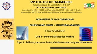 SNS COLLEGE OF ENGINEERING
Kurumbapalayam (Po), Coimbatore – 641 107
An Autonomous Institution
Accredited by NBA – AICTE and Accredited by NAAC – UGC with ‘A’ Grade
Approved by AICTE, New Delhi &amp; Affiliated to Anna University, Chennai
DEPARTMENT OF CIVIL ENGINEERING
COURSE NAME: CE8502 – STRUCTURAL ANALYSIS I
III YEAR/V SEMESTER
Unit 3 – Moment Distribution Method
Topic 1 : Stiffness, carry over factor, distribution and carryover of moments
 