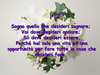 Sogna quello che desideri sognare;
Vai dove desideri andare;
Sii dove desideri essere.
Perché hai solo una vita ed una
opportunità per fare tutte le cose che
desideri fare.

 