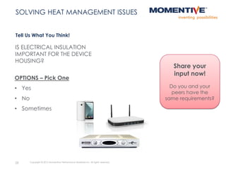 IS ELECTRICAL INSULATION
IMPORTANT FOR THE DEVICE
HOUSING?
Tell Us What You Think!
28 Copyright © 2015 Momentive Performance Materials Inc. All rights reserved.
SOLVING HEAT MANAGEMENT ISSUES
OPTIONS – Pick One
• Yes
• No
• Sometimes
Share your
input now!
Do you and your
peers have the
same requirements?
 
