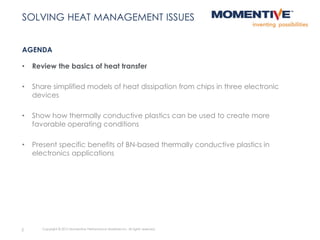 • Review the basics of heat transfer
• Share simplified models of heat dissipation from chips in three electronic
devices
• Show how thermally conductive plastics can be used to create more
favorable operating conditions
• Present specific benefits of BN-based thermally conductive plastics in
electronics applications
AGENDA
5 Copyright © 2015 Momentive Performance Materials Inc. All rights reserved.
SOLVING HEAT MANAGEMENT ISSUES
 