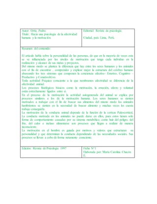 Autor: Ortiz, Pedro.
Título: Hacia una psicología de la afectividad
humana y la motivación.
Editorial: Revista de psicología.
Ciudad, país: Lima, Perú.
Resumen del contenido:
El articulo habla sobre la personalidad de las personas, de que en la mayoría de veces esta
se ve influenciada por los niveles de motivación que tenga cada individuo en la
realización y alcance de sus metas y proyectos.
Del mismo modo se plantea la diferencia que hay entre los seres humanos y los animales
con el fin de encontrar , comprender y explicar mejor la estructura del cerebro humano
abarcando los tres sistemas que componen la conciencia: afectivo- Emotivo, Cognitivo –
Productivo y Conativolitivo.
Toda actividad Psíquica consciente a la que nombramos afectividad se diferencia de la
afectividad animal.
Los procesos fisiológicos básicos como la motivación, la emoción, afecto y voluntad
están estrechamente ligados entre sí.
En el proceso de la motivación la actividad autogenerada del animal se explica por
procesos similares a los de la motivación humana. Los seres humanos se sienten
motivados a trabajar con el fin de buscar sus alimentos del mismo modo los animales
hambrientos se sienten en la necesidad de buscar alimento y muchas veces les cuesta
trabajo conseguirlo.
La motivación de la conducta animal depende de la función de la corteza Paleocortical,
La conducta motivada en los animales no puede darse en ellos, pues estos tienen solo
forma de comportamiento causadas por su sistema metabólico; como huir del peligro, del
frio, del calor e incluso alimentarse son procesos que llegan a realizar de manera
inconsciente.
La motivación en el hombre es guiada por motivos y valores que estructuran su
personalidad y que determinan la conducta dependiendo de las necesidades sociales. Sus
procesos se llevan a cobo de forma netamente consciente.
Edición: Revista de Psicología 1997 Ficha N°1
Elaborada por: María Carolina Chacón
E.
 