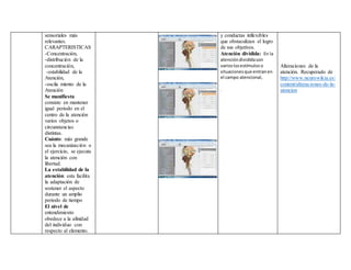 sensoriales más
relevantes.
CARAPTERISTICAS
-Concentración,
-distribución de la
concentración,
-estabilidad de la
Atención,
-oscila miento de la
Atención
Se manifiesta
consiste en mantener
igual periodo en el
centro de la atención
varios objetos o
circunstancias
distintas.
Cuánto: más grande
sea la mecanización o
el ejercicio, se ejecuta
la atención con
libertad.
La estabilidad de la
atención: esta facilita
la adaptación de
sostener el aspecto
durante un amplio
periodo de tiempo
El nivel de
entendimiento
obedece a la afinidad
del individuo con
respecto al elemento.
y conductas inflexibles
que obstaculizan el logro
de sus objetivos.
Atención dividida: En la
atencióndivididason
varioslosestímuloso
situacionesque entranen
el campo atencional,
.
Alteraciones de la
atención. Recuperado de
http://www.neurowikia.es/
content/alteraciones-de-la-
atencion
 