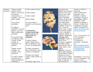 Sensación -
percepción
Supone un doble
proceso externo-
interno, es un proceso
de selección,
seleccionamos los
estímulos, a esta se le
llama atención.
Es de carácter
psicológico.
Es subjetiva,
percibimos lo que nos
interesa, a esto se le
llama predisposición
perceptiva.
Es un proceso largo
con diferentes partes,
necesita un flujo
continuo de
información y es
dinámico.
Siempre necesita
estímulos, sin
estímulo no hay
percepción.
Es relativa (siempre
hay que tener en
cuenta las diferencias
individuales y
Corteza somato-sensorial
Lóbulo temporal.
Lóbulo occipital
Sistema límbico
La corteza motora y
premotora en la percepción
táctil.
La información
somatosensorial llega
hasta la corteza a lo
largo de dos vías
principales:
El sistema lemnisco
medial columno-dorsal:
lleva la información sobre
el tacto y la propiocepción.
El sistema anterolateral:
lleva la información sobre
el dolor y la temperatura.
Neuronas de la médula
espinal, el tallo cerebral, el
tálamo.
El principal órgano de la
-El paciente tiene
dificultad para reconocer
objetos ya sea a través
del tacto, de la visión,
auditivamente, etc.,
según la modalidad
sensorial de que se trate.
-El reconocimiento de
dicho objeto puede
hacerse mediante otra
modalidad sensorial. Es
decir, si tiene una
agnosia visual, el objeto
no reconocido mediante
la vista, es fácilmente
nombrado mediante al
explorarlo manualmente.
Trastornos de la
intensidad: existiría un
fracaso de los
mecanismos reguladores
del umbral sensitivo.
Puede alterarse tanto en
sentido positivo como
negativo.
Ilusiones: A veces los
datos resultan engañosos.
Muchas ilusiones ópticas
dependen de cómo se
miren las cosas, siempre
hay un objeto real como
punto de referencia, el
cual se percibe de
Garrido, B. (2005) La
percepción
táctil: consideraciones
anatómicas, psico-
fisiología y trastornos
relacionados. Revista de
Especialidades Médico-
Quirúrgicas, 2005,
Instituto de Seguridad y
Servicios Sociales de los
Trabajadores del Estado
México. Recuperado de:
http://www.redalyc.org/pd
f/473/47310102.pdf
Tor J. (14 de diciembre de
2014). Sensación y
Percepción del
“Comoendio de
Psicología”. Recuperado
de
http://psicologiacepunt.blo
gspot.com/2007/12/sensaci
n-y-percepcin-del-
comoendio-de.html
Psicosinapsis. (28 de mayo
de 2012). Participación del
sistema nervioso y
endocrino en la función
 