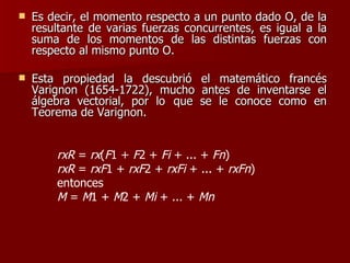 Es decir, el momento respecto a un punto dado O, de la resultante de varias fuerzas concurrentes, es igual a la suma de los momentos de las distintas fuerzas con respecto al mismo punto O.  Esta propiedad la descubrió el matemático francés Varignon (1654-1722), mucho antes de inventarse el álgebra vectorial, por lo  que se le conoce como en Teorema de Varignon. rxR  =  rx ( F 1 +  F 2 +  Fi  + ... +  Fn ) rxR  =  rxF 1 +  rxF 2 +  rxFi  + ... +  rxFn ) entonces M  =  M 1 +  M 2 +  Mi  + ... +  Mn 