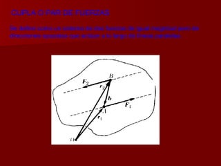 CUPLA O PAR DE FUERZAS Se define como un sistema de dos fuerzas de igual magnitud pero de  direcciones opuestas que actúan a lo largo de líneas paralelas. 