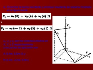 4.- Encontrar la fuerza resultante y el torque resultante del sistema mostrado en la figura donde y u x , u y  y u z  son los vectores unitarios en  X, Y,  y  Z  respectivamente y los puntos de aplicación son  A (0,4m; 0,5m; 0) y  B (0,4m; -0,5m; 0,8m)  