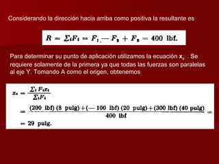 Considerando la dirección hacia arriba como positiva la resultante es  Para determinar su punto de aplicación utilizamos la ecuación  x c  . Se requiere solamente de la primera ya que todas las fuerzas son paralelas al eje Y. Tomando A como el origen, obtenemos 