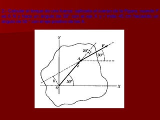 2.- Calcular el torque de una fuerza  aplicada al cuerpo de la Figura, cuando  F  es 6 N y hace un ángulo de 30 °  con el eje X y  r  mide 45 cm haciendo un ángulo de 50 ° con el eje positivo de las X.  