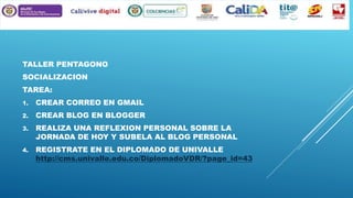 TALLER PENTAGONO
SOCIALIZACION
TAREA:
1.

CREAR CORREO EN GMAIL

2.

CREAR BLOG EN BLOGGER

3.

REALIZA UNA REFLEXION PERSONAL SOBRE LA
JORNADA DE HOY Y SUBELA AL BLOG PERSONAL

4.

REGISTRATE EN EL DIPLOMADO DE UNIVALLE
http://cms.univalle.edu.co/DiplomadoVDR/?page_id=43

 