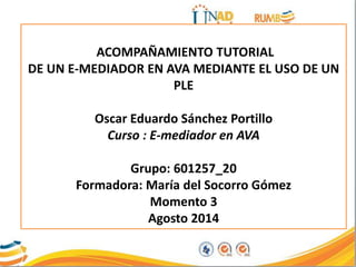 ACOMPAÑAMIENTO TUTORIAL
DE UN E-MEDIADOR EN AVA MEDIANTE EL USO DE UN
PLE
Oscar Eduardo Sánchez Portillo
Curso : E-mediador en AVA
Grupo: 601257_20
Formadora: María del Socorro Gómez
Momento 3
Agosto 2014
 