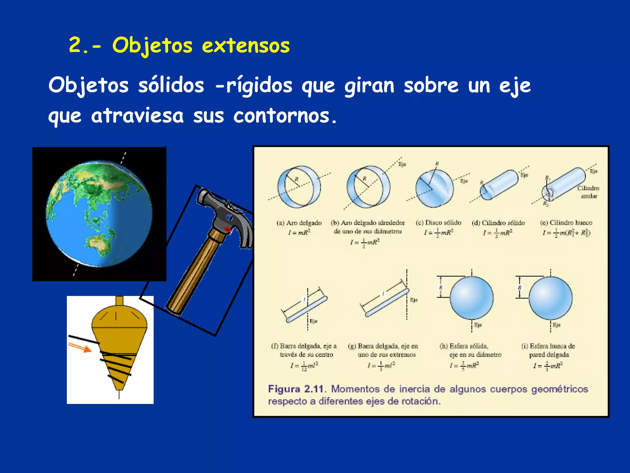 2.- Objetos extensos Objetos sólidos -rígidos que giran sobre un eje que atraviesa sus contornos. 