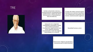 TRE
Cambiar activamente creencias y
comportamientos contraproducentes,
autoderrotistas y rígidos del cliente,
demostrando su irracionalidad por
falta de evidencias.
A través del análisis racional la gente
entendería sus creencias irracionales,
y las cambiaría por una posición más
racional. (reestructuración cognitiva).
Evaluación de la integridad:
Confiabilidad, honestidad y Lealtad
como conducta psicosocial.
El compromiso organizacional como
norma cognitiva evaluando
concretamente a través de imágenes
desarrolladas en su Instituto.
Sexualidad humana y amor
Restricciones religiosas perjudiciales e
innecesarias para la salud emocional
 