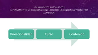 PENSAMIENTOS AUTOMÁTICOS
EL PENSAMIENTO SE RELACIONA CON EL FLUIR DE LA CONCIENCIA Y TIENE TRES
ELEMENTOS:
Direccionalidad Curso Contenido
 