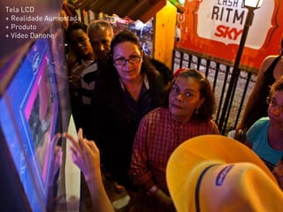 Dentro da réplica, o público podia conhecer o Danone
mais de perto através de diversas imagens de ‘apetite
appeal. Enquanto isso, nas paredes internas do
espaço, eles acompanhavam o cruzamento da história
da cidade de Caruaru com a história da Danone.
Ao final do percurso, eles eram convidados a registrar
o seu Momento Danone tirando uma foto com os
mascotes criados especialmente para a festa.
a ação
 