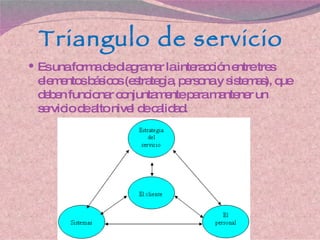 Triangulo de servicio Es una forma de diagramar la interacción entre tres elementos básicos (estrategia, persona y sistemas), que deben funcionar conjuntamente para mantener un servicio de alto nivel de calidad. 