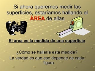 Si ahora queremos medir las superficies, estaríamos hallando el  ÁREA  de ellas El área es la medida de una superficie ¿Cómo se hallaría esta medida? La verdad es que eso depende de cada figura 