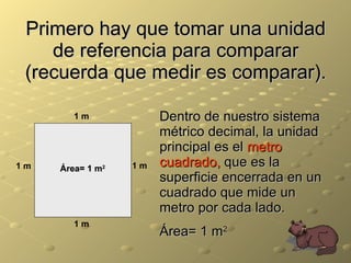 Primero hay que tomar una unidad de referencia para comparar (recuerda que medir es comparar). Dentro de nuestro sistema métrico decimal, la unidad principal es el  metro cuadrado,  que es la superficie encerrada en un cuadrado que mide un metro por cada lado. Área= 1 m 2 Área= 1 m 2 1 m 1 m 1 m 1 m 