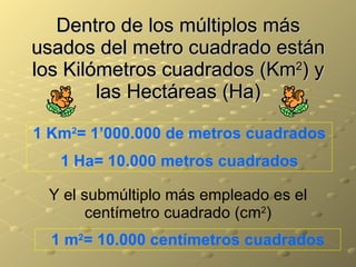 Dentro de los múltiplos más usados del metro cuadrado están los Kilómetros cuadrados (Km 2 ) y las Hectáreas (Ha) 1 Km 2 = 1’000.000 de metros cuadrados 1 Ha= 10.000 metros cuadrados Y el submúltiplo más empleado es el centímetro cuadrado (cm 2 ) 1 m 2 = 10.000 centímetros cuadrados 