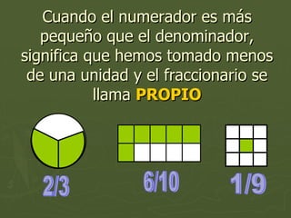 Cuando el numerador es más pequeño que el denominador, significa que hemos tomado menos de una unidad y el fraccionario se llama  PROPIO 2/3 6/10 1/9 