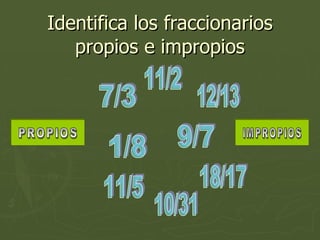 Identifica los fraccionarios propios e impropios 9/7 12/13 18/17 11/2 11/5 10/31 1/8 7/3 PROPIOS IMPROPIOS 