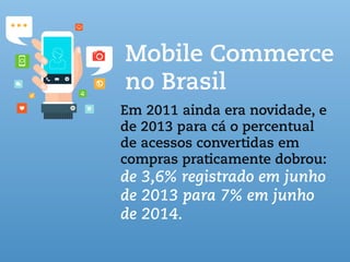 Mobile Commerce
no Brasil
Em 2011 ainda era novidade, e
de 2013 para cá o percentual
de acessos convertidas em
compras praticamente dobrou:
de 3,6% registrado em junho
de 2013 para 7% em junho
de 2014.
 