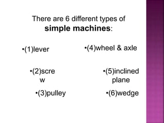 There are 6 different types of
simple machines:
•(1)lever
•(2)scre
w
•(3)pulley
•(4)wheel & axle
•(5)inclined
plane
•(6)wedge
 