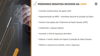 PRÓXIMOS DESAFIOS DEVIDOS DA LGPD
• Controles Implementares até agosto 2020
• Regulamentação da ANPD – Autoridade Nacional de proteção de Dados
• Nomear Encarregado pelo Tratamento de Dados Pessoais (DPO)
• Implementar e adequar políticas
• Aumentar o nível de segurança cibernética
• Elaborar e manter relatório de impacto á proteção de Dados Pessoais
• Melhorar a estrutura de controles, riscos e segurança
 