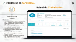 Visão Gerencial
Robusta
MELHORIAS DO TAF ESOCIAL
Funcionalidades:
• Permite que o usuário da folha consiga validar
toda a jornada do funcionário no eSocial,
desde a sua admissão até a situação atual,
mês a mês;
• Exibe informações do Trabalhador buscando
informações da Folha e do eSocial;
• Permite filtros rápidos e intuitivos;
• Permite a exportação de relatório para
conferência;
• Trata os perfis de acesso por usuário,
permitindo a visualização somente aos
usuários desejados;
• Pode ser utilizado apenas como consulta, ou
seja, sem permitir ao usuário editar
informações que possam ficar com
disparidade a folha;
Painel do Trabalhador
 