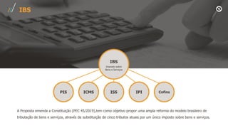 IBS
A Proposta emenda a Constituição (PEC 45/2019),tem como objetivo propor uma ampla reforma do modelo brasileiro de
tributação de bens e serviços, através da substituição de cinco tributos atuais por um único imposto sobre bens e serviços.
PIS ICMS ISS IPI Cofins
IBS
Imposto sobre
Bens e Serviços
 