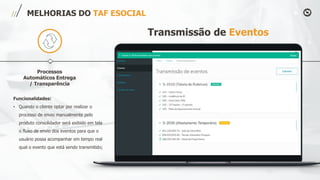 Processos
Automáticos Entrega
/ Transparência
MELHORIAS DO TAF ESOCIAL
Funcionalidades:
• Quando o cliente optar por realizar o
processo de envio manualmente pelo
produto consolidador será exibido em tela
o fluxo de envio dos eventos para que o
usuário possa acompanhar em tempo real
qual o evento que está sendo transmitido;
Transmissão de Eventos
 