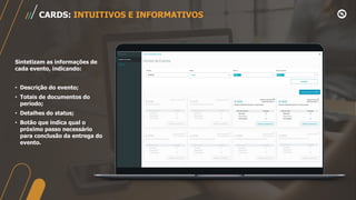 Sintetizam as informações de
cada evento, indicando:
• Descrição do evento;
• Totais de documentos do
período;
• Detalhes do status;
• Botão que indica qual o
próximo passo necessário
para conclusão da entrega do
evento.
CARDS: INTUITIVOS E INFORMATIVOS
 