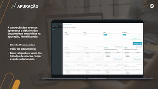 A apuração dos eventos
apresenta o detalhe dos
documentos envolvidos na
apuração, identificando:
• Cliente/Fornecedor;
• Valor do documento;
• Base, alíquota e valor dos
tributos de acordo com o
evento selecionado.
APURAÇÃO
 