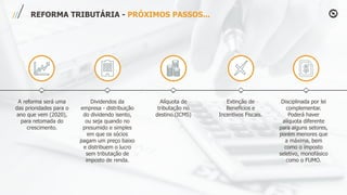 A reforma será uma
das prioridades para o
ano que vem (2020),
para retomada do
crescimento.
Dividendos da
empresa - distribuição
do dividendo isento,
ou seja quando no
presumido e simples
em que os sócios
pagam um preço baixo
e distribuem o lucro
sem tributação de
imposto de renda.
Alíquota de
tributação no
destino.(ICMS)
Extinção de
Benefícios e
Incentivos Fiscais.
Disciplinada por lei
complementar.
Poderá haver
alíquota diferente
para alguns setores,
porém menores que
a máxima, bem
como o imposto
seletivo, monofásico
como o FUMO.
REFORMA TRIBUTÁRIA - PRÓXIMOS PASSOS...
 