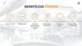 BENEFÍCIOS FISCAIS
Consumo Animal Medicamentos Transporte
Público Coletivo
de Passageiros
Urbano
Bens de Ativo
Imobilizado
Saneamento
Básico
Educação Básica
e Profissional
 
