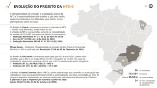 EVOLUÇÃO DO PROJETO DA NFC-E
CE
MG
SP
SC
A obrigatoriedade de emissão e a legislação acerca da
NFC-e é responsabilidade dos estados e, por essa razão,
cada ente federativo tem liberdade para definir certas
prerrogativas sobre as notas.
No Estado do Ceará o equipamento emissor é chamado de MFE
– Módulo Fiscal Eletrônico, sendo similar ao SAT.
A emissão da NFC-e será permitida somente na impossibilidade
de emissão do CF-e/SAT, por quebra ou defeito do equipamento.
 Instrução Normativa N° 27, de 22 de Abril de 2016
 Decreto N° 31.922, de 11 de Abril de 2016
 Instrução Normativa SEFAZ Nº 17 DE 15/03/2019
Minas Gerais – Estabelece Obrigatoriedade da emissão da Nota Fiscal de Consumidor
Eletrônica – NFC-e publicada pela Resolução 5.234 de 05 de Fevereiro de 2019.
No Estado de São Paulo o contribuinte pode optar por NFC-e ou CFe-SAT, porém não é
permitido usar a NFC-e em modo off-line em SP, é necessário ter um SAT nos casos de
contingência, desta forma podemos concluir que o SAT no estado acaba sendo obrigatório.
 Portaria CAT 12, de 04/02/2015 – NFC-e
 Portaria CAT 147, de 05/11/2012 – CF-e SAT
O Estado de Santa Catarina aderiu a NFC-e, porém poderá exigir que a emissão e a autorização seja
realizada por meio de equipamento desenvolvido e autorizado para uso fiscal, comandado por meio de
programa aplicativo desenvolvido por empresa credenciada pela respectiva Administração Tributária.
A previsão é que a implantação ocorrerá a partir de 2020.
Ajuste Sinief 15/18, de 31 de Outubro de 2018.
26
753.554
Mais de 25,53 bi
24
UF emissoras
Emissores
de notas emitidas
UF com cronograma
de obrigatoriedade
já publicados
 