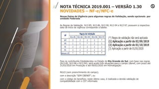 NOTA TÉCNICA 2019.001 – VERSÃO 1.30
NOVIDADES – NF-e/NFC-e
Novas Datas de Vigência para algumas regras de Validação, sendo opcionais por
unidade Federada
As Regras de Validação N12-85, N12-86, N12-90, N12-94 e N12-97, possuem a respectiva
data de início de vigência corresponde a tabela:
Para os contribuinte Estabelecidos no Estado do Rio Grande do Sul, com base nas regras
(N12-85, N12-86 e N12-94), será aceito três situações para o campo cBenef, com prazo até
31/03/2020 em Produção e até 09/02/2020 em Homologação:
NULO (sem preenchimento do campo);
com a descrição "SEM CBENEF"; ou
com o código do benefício; neste último caso, é realizada a devida validação de
compatibilidade com o CST informado
 