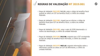 REGRAS DE VALIDAÇÃO NT 2019.001
• Regra de Validação (N12-85) N12-84, exigi o código de benefício fiscal
quando se utiliza um CST de benefício fiscal, a critério da unidade
federada.
• Regra de Validação (N12-86), impedi que se informe o código de
benefício fiscal para CST de benefício fiscal, a critério da unidade
federada.
• Regra de Validação (N12-90), exigi o valor do ICMS desonerado e o
motivo da desoneração, a critério da unidade federada
• Regra de Validação (N12-94) N12-88, exigindo que o CST corresponda
ao tipo de código de benefício fiscal informado, a critério da unidade
federada.
• Regra de Validação (N12-97) N07-10, exigindo informações sobre o
diferimento quando se utiliza um CST de diferimento, a critério da
unidade federada.
 