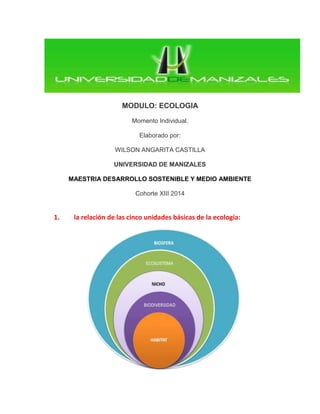 MODULO: ECOLOGIA 
Momento Individual. 
Elaborado por: 
WILSON ANGARITA CASTILLA 
UNIVERSIDAD DE MANIZALES 
MAESTRIA DESARROLLO SOSTENIBLE Y MEDIO AMBIENTE 
Cohorte XIII 2014 
1. la relación de las cinco unidades básicas de la ecología: 
 