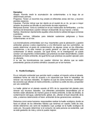 Ejemplos:
Abejas: Permite medir la acumulación de contaminantes a lo largo de un
determinado periodo.
Pingüinos: Tienen un recorrido muy amplio en diferentes zonas del mar, y recorren
grandes espacios.
Líquenes: Permite indicar que tan rápido es el caudal de un río, ya que a mayor
arrastre de piedras se dificulta el crecimiento de este organismo.
Mariposas diurnas: Varia su cantidad en el uso inadecuado de fertilizantes, y en los
cambios de temperatura pueden retrasar el desarrollo de sus huevos y larvas.
Nutrias: Abandonan rápidamente aquellos sitios donde la calidad del agua comienza
a perderse.
Esponjas marinas: Utilizadas para detectar sustancias peligrosas y focos
contaminantes en el mar.
Los bioindicadores ambientales son muy importantes para la planeación y gestión
ambiental, gracias s estos organismos y a la información que nos suministran, se
puede determinar el grado de contaminación de algunas zonas en los diferentes
ecosistemas, y de esta manera se pueda generar un plan de mitigación para
contrarrestar el efecto causado. De igual forma, en la investigación se puede
concluir con argumentos evidenciables qué prácticas se están desarrollando y están
afectando el medio ambiente, de igual forma qué prácticas se pueden ejecutar para
no afectarlo.
A su vez los bioindicadores nos pueden informar los efectos que se están
presentando gracias al cambio climático causado por el ser humano.
8. Huella Ecológica.
Es un indicador ambiental que permite medir y evaluar el impacto sobre el planeta,
establece forma de vida de acuerdo a la capacidad que tiene la naturaleza de
renovar sus recursos naturales. El objetivo es que los seres humanos identifiquen
las acciones que afectan el medio ambiente y cambien su estilo de vida y propender
por uno sostenible.
La huella global en el planeta excede el 30% de la capacidad del planeta para
renovar sus recursos naturales. Las diferentes actividades desarrolladas por el
hombre están afectando de manera grave el medio ambiente, la tala de árboles, la
contaminación del agua, calentamiento global, etc., afectan el buen desarrollo de la
vida, y estamos deteriorando el futuro ambiental de las generaciones venideras.
Debemos como seres humanos responsables realizar la huella ecológica, donde se
hace el cálculo de los diferentes hábitos que tenemos en nuestro estilo de vida,
donde obtenemos una serie de resultados cuyo puntaje es la huella ecológica de
cada uno. Se puede determinar si el consumo de cada persona es sostenible, qué
se está gastando de más y cómo lo puede mejorar.
 