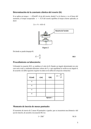 3 
Determinación de la constante elástica del resorte (K) 
Si se aplica un torque τ = rFSen90° al eje del resorte, donde F es la fuerza y r es el brazo del 
momento, el torque recuperador τ = - K θ del resorte equilibra el torque externo aplicado, es 
decir: 
Σ τ = F r - K θ = 0 
Figura 2 
De donde se puede despejar K: 
 
Fr 
K  M.9 
Procedimiento en laboratorio: 
Utilizando la ecuación M.9, se establece el valor de K fijando un ángulo determinado (en este 
caso será π rad.) y midiendo diferentes valores de F y r que equilibran la varilla en ese ángulo θ, 
de acuerdo a la tabla siguiente (registre los datos en la tabla de la hoja de evaluación) 
θ (rad) r (m) F(N)  
Fr 
K  
π 
π 
π 
π 
Kprom = 
Momento de inercia de masas puntuales 
El momento de inercia de 2 masas M puntuales e iguales, que se encuentran una distancia r del 
eje de rotación, de acuerdo a la ecuación M.2 es: 
I = 2Mr2 M.10 
Resorte de Torsión 
 