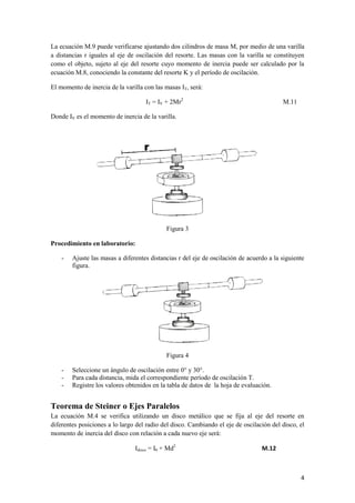 4 
La ecuación M.9 puede verificarse ajustando dos cilindros de masa M, por medio de una varilla a distancias r iguales al eje de oscilación del resorte. Las masas con la varilla se constituyen como el objeto, sujeto al eje del resorte cuyo momento de inercia puede ser calculado por la ecuación M.8, conociendo la constante del resorte K y el período de oscilación. 
El momento de inercia de la varilla con las masas IT, será: 
IT = IV + 2Mr2 M.11 
Donde IV es el momento de inercia de la varilla. 
Figura 3 
Procedimiento en laboratorio: 
- Ajuste las masas a diferentes distancias r del eje de oscilación de acuerdo a la siguiente figura. 
Figura 4 
- Seleccione un ángulo de oscilación entre 0° y 30°. 
- Para cada distancia, mida el correspondiente período de oscilación T. 
- Registre los valores obtenidos en la tabla de datos de la hoja de evaluación. 
Teorema de Steiner o Ejes Paralelos 
La ecuación M.4 se verifica utilizando un disco metálico que se fija al eje del resorte en diferentes posiciones a lo largo del radio del disco. Cambiando el eje de oscilación del disco, el momento de inercia del disco con relación a cada nuevo eje será: 
Idisco = I0 + Md2 M.12  
